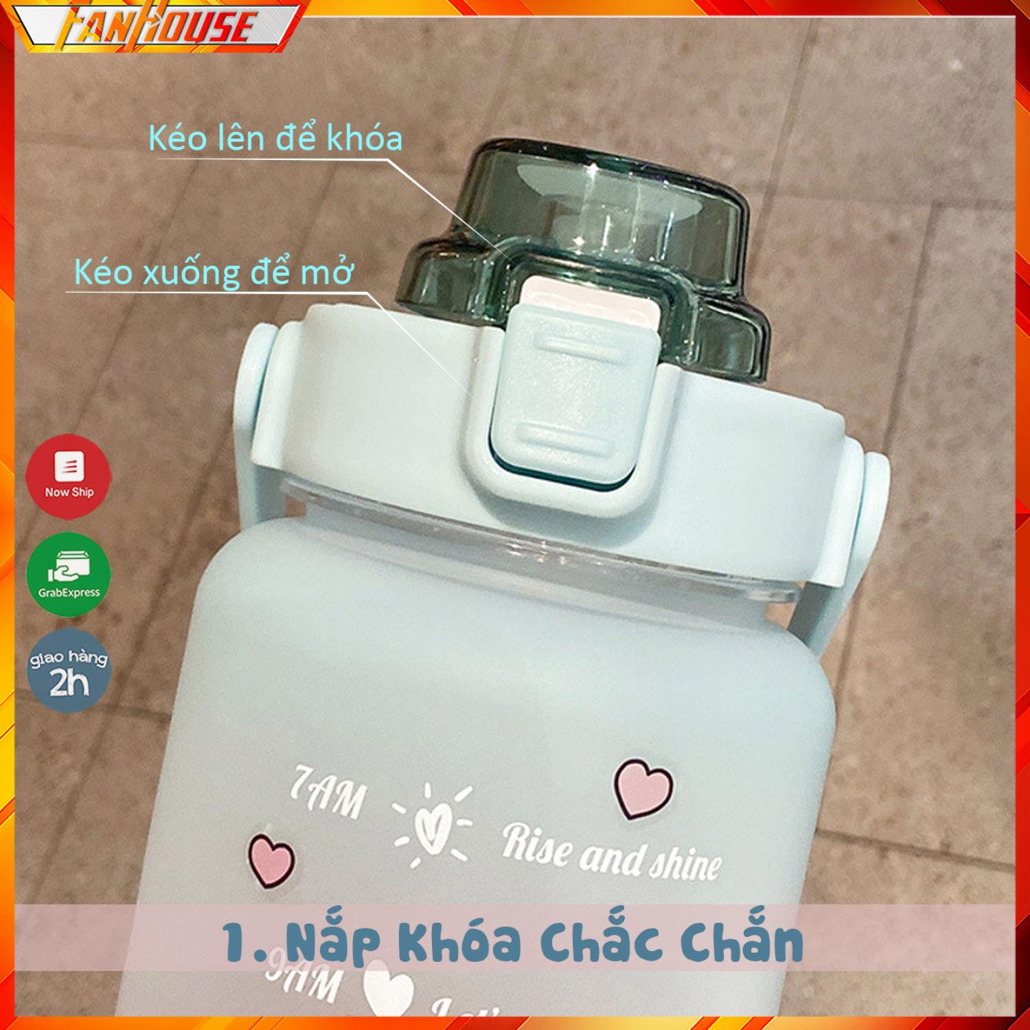 Bình đựng nước 2L dễ thương chia vạch báo giờ nhắc uống nước Fan House tặng Sticker bình nước 2lit có ống hút tiện lợi