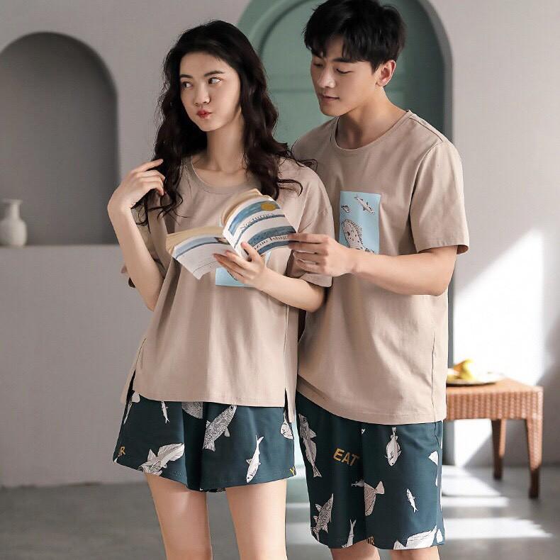 Bộ short nữ cotton áo ghi xám Your fish