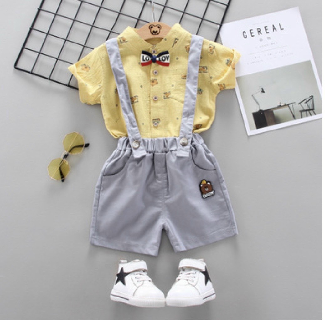 Set yếm bé trai in hình gấu dễ thương, Bộ quần áo bé trai bé gái