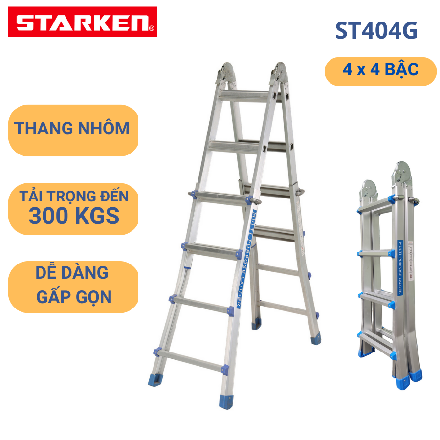 Thang nhôm gấp trượt chữ A STARKEN ST404G tải trọng 150kg và 300kg - Hàng chính hãng bảo hành 18 tháng