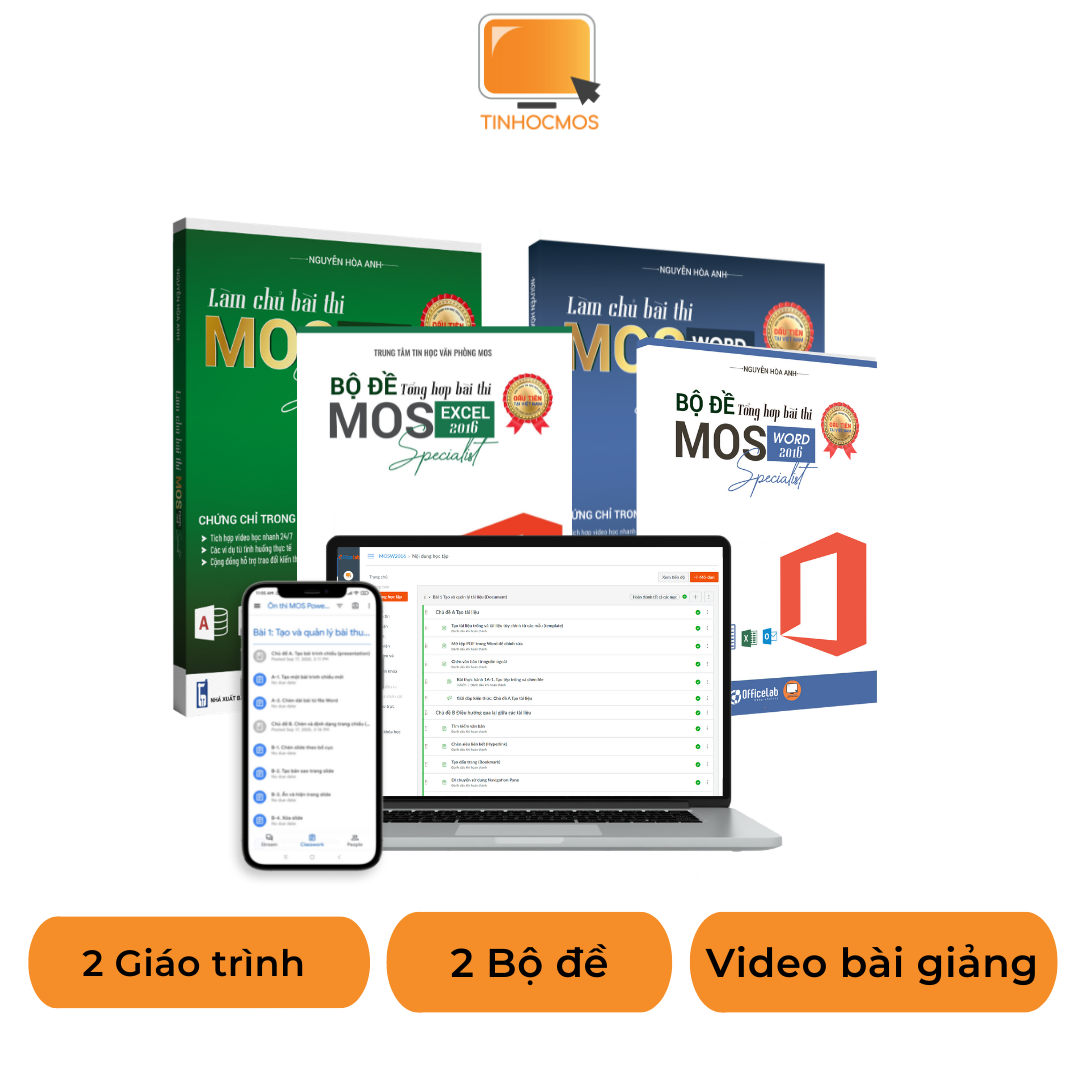 Sách - Combo Sách Ôn Thi 2 Môn MOS Excel, Word, Powerpoint 2016 Specialist, Ứng dụng Tin học văn phòng cơ bản - tinhocmos