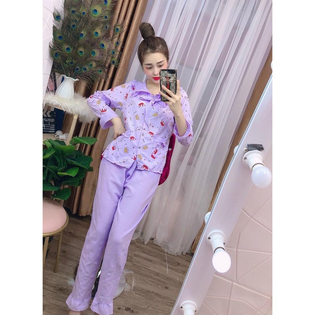 Bộ pijama đũi xốp tiểu thư cổ bèo, quần dài tay dài, 40 đến 59kg