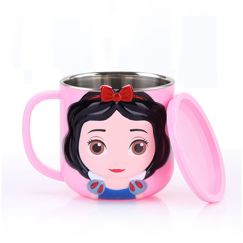 Ly inox giữ nhiệt , cốc có quai cầm 260ml hình công chúa Priness Bạch tuyết nổi 3D màu hồng cho trẻ em , bé gái - 97VNDP2289