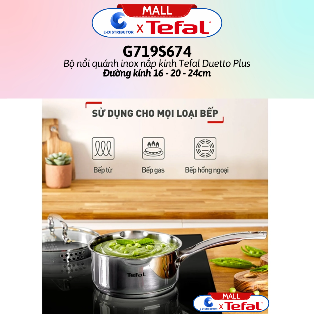 Bộ nồi quánh inox nắp kính Tefal Duetto Plus G719S674 - Gồm 1 cái nồi 20cm, 1 cái nồi 24cm, 1 cái quánh 16cm - Hàng Chính Hãng