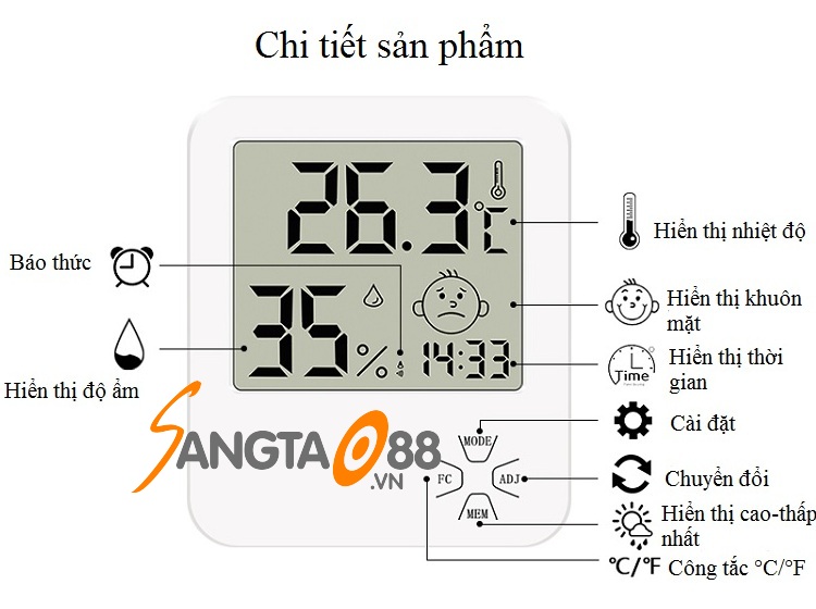 Thiết bị đo nhiệt độ, độ ẩm trong nhà tích hợp đồng hồ xem giờ thông minh LX8111 (Tặng bộ 6 con bướm dạ quang phát sáng)