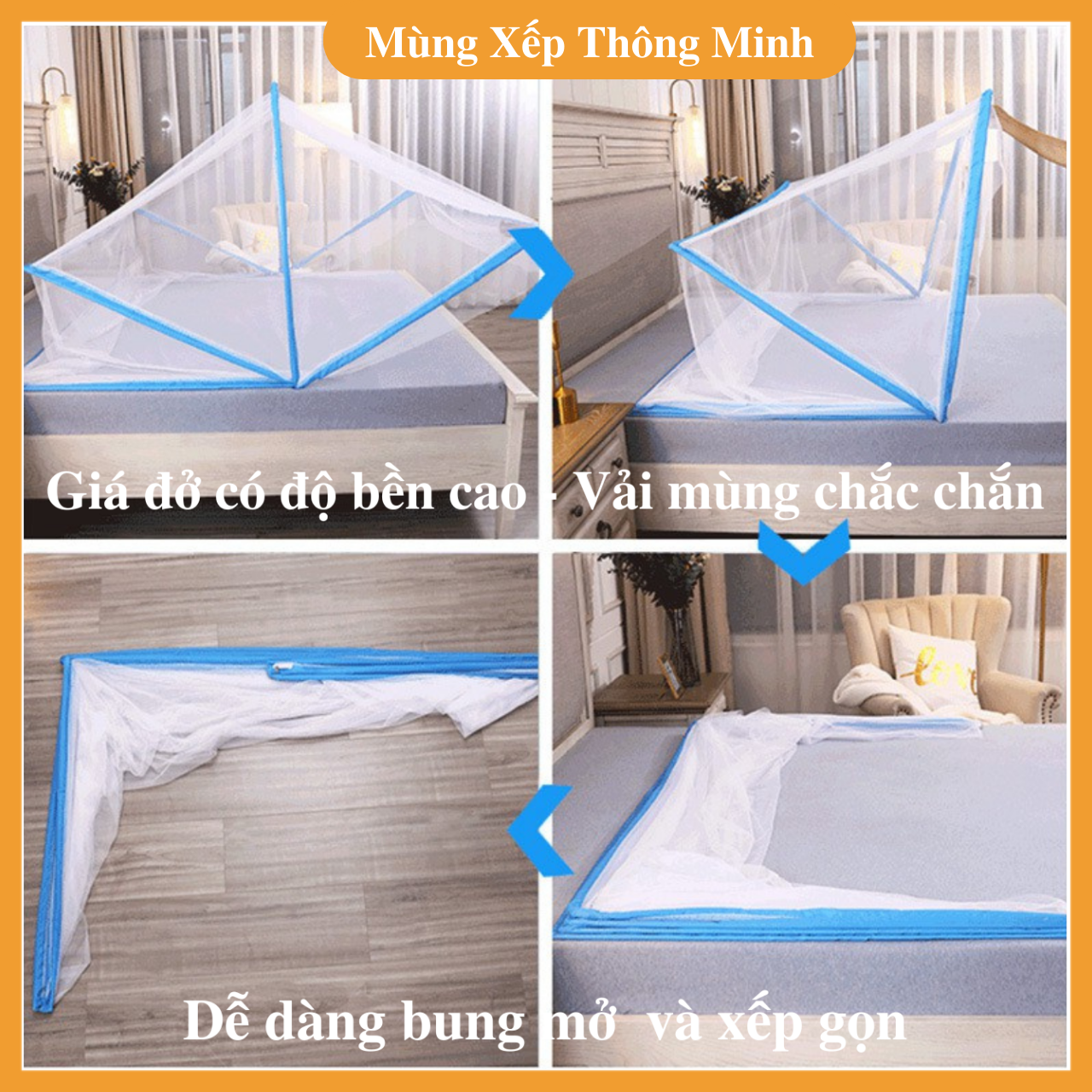 Mùng xếp Thông Minh Chống Muỗi, Côn Trùng 120x190cm, 140x190cm, 160x200cm, 180x200cm