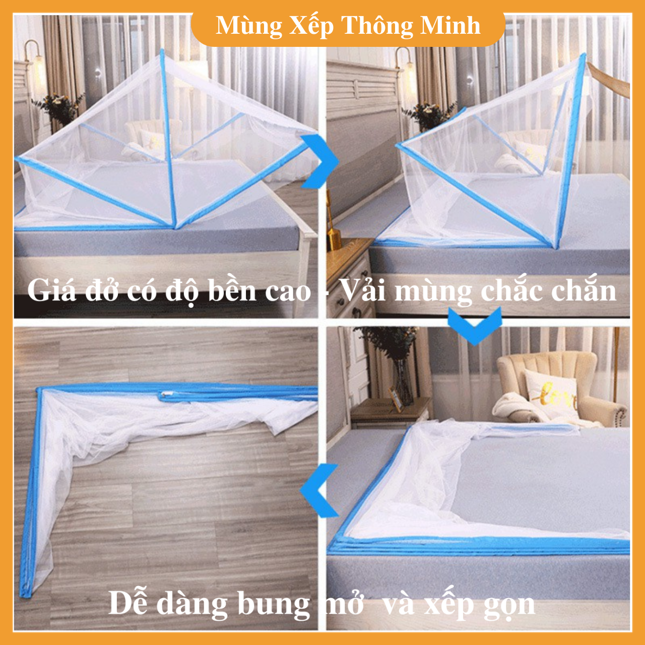 [Mua Mùng Nhận Quà] Mùng xếp Thông Minh Chống Muỗi, Côn Trùng 120x190cm, 140x190cm, 160x200cm, 180x200cm