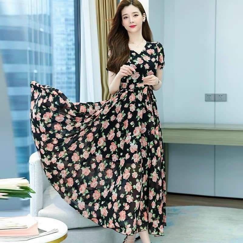 HÀNG NHẬP - ĐẦM MAXI VOAN HOA CỔ TIM DÂY BUỘC EO