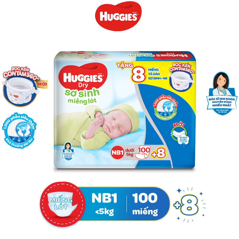 Miếng Lót Sơ Sinh Huggies Dry Newborn 1-100 (100 Miếng)+ Tặng 8NB