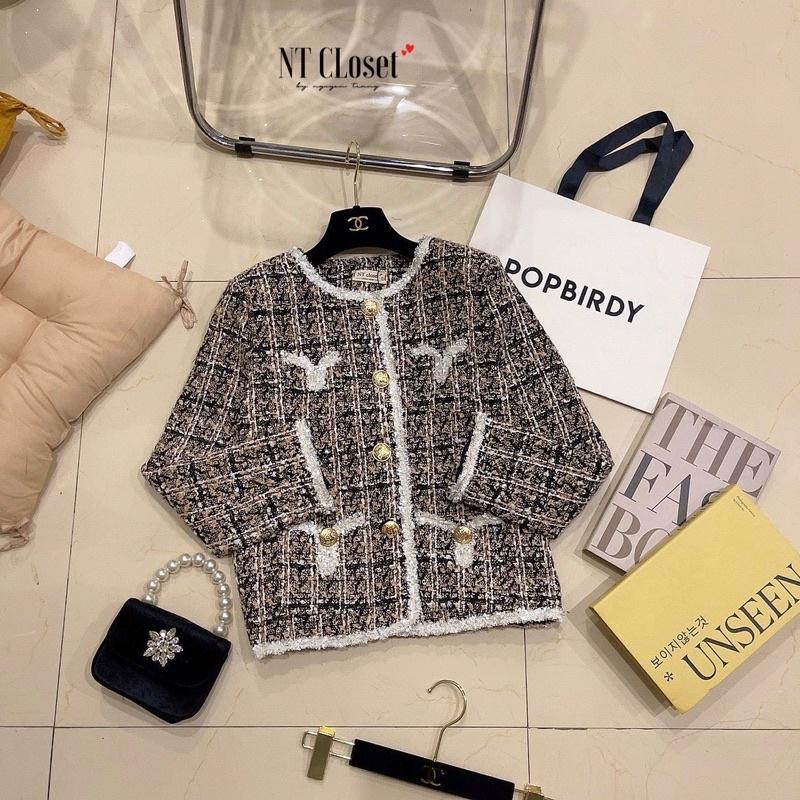 Áo khoác dạ tweed nâu khuy vàng chuẩn NT closet