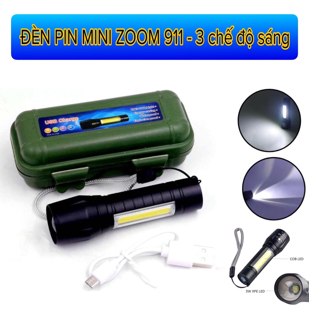 Đèn pin mini siêu sáng có thể sạc, hàng cao cấp 911, có zoom - HENRYSA