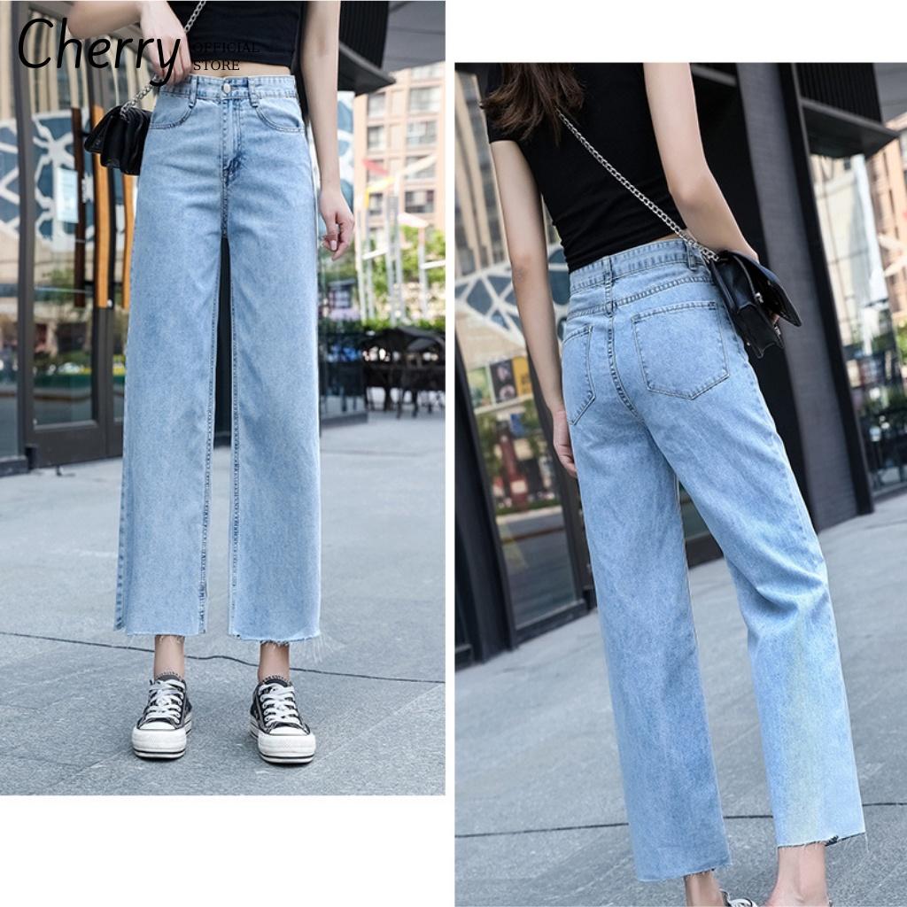 Quần jean nữ ống rộng lưng cao dáng lửng ngắn phong cách Hàn Quốc CHERRY, quần bò nữ ống đứng lửng bigsize cạp cao T038