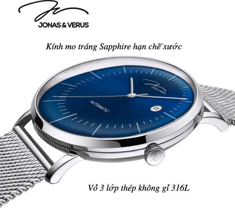 Đồng hồ đeo tay Nam hiệu JONAS &amp; VERUS Y01563-A0.WWLBW, Máy Cơ (Automatic), Kính mo tráng sapphire, Dây Lưới thép không gỉ 316L