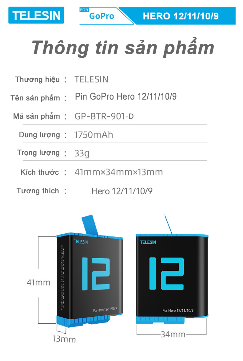 Pin Telesin cho GoPro Hero 9, GoPro Hero 10, GoPro Hero 11, GoPro Hero 12