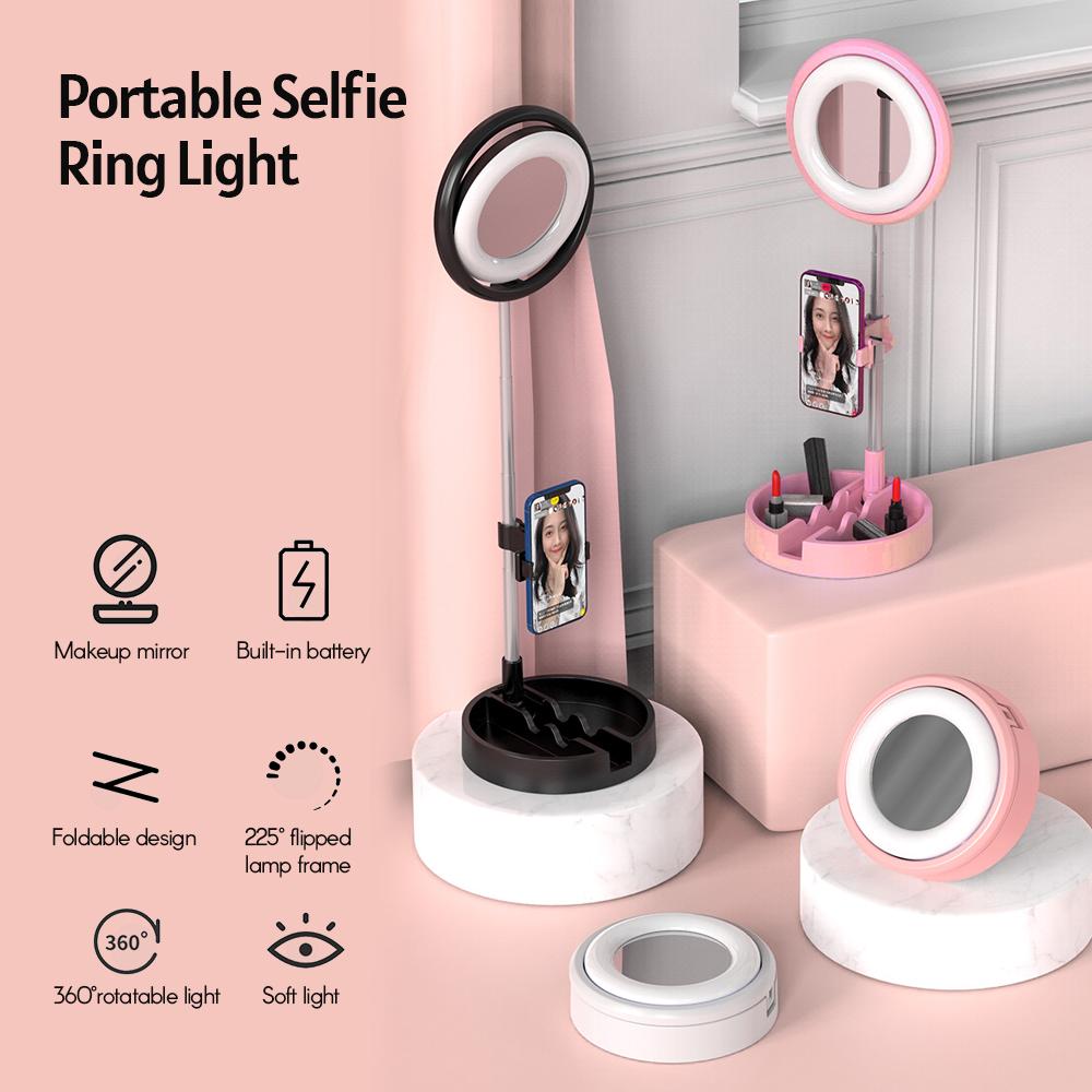 Đèn tự sướng hình tròn di động ánh sáng lấp đầy với gương trang điểm có giá đỡ điện thoại đế tròn 3 màu