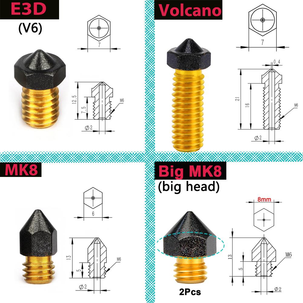 1/2/5PCS MK8/E3D/Volcano Brass PTFE NOZZE được tráng dây Non Stick 0,2/0,3/0,4/0,6/0,8/1,0mm Máy in 3D Ender 3 Envio GRATIS