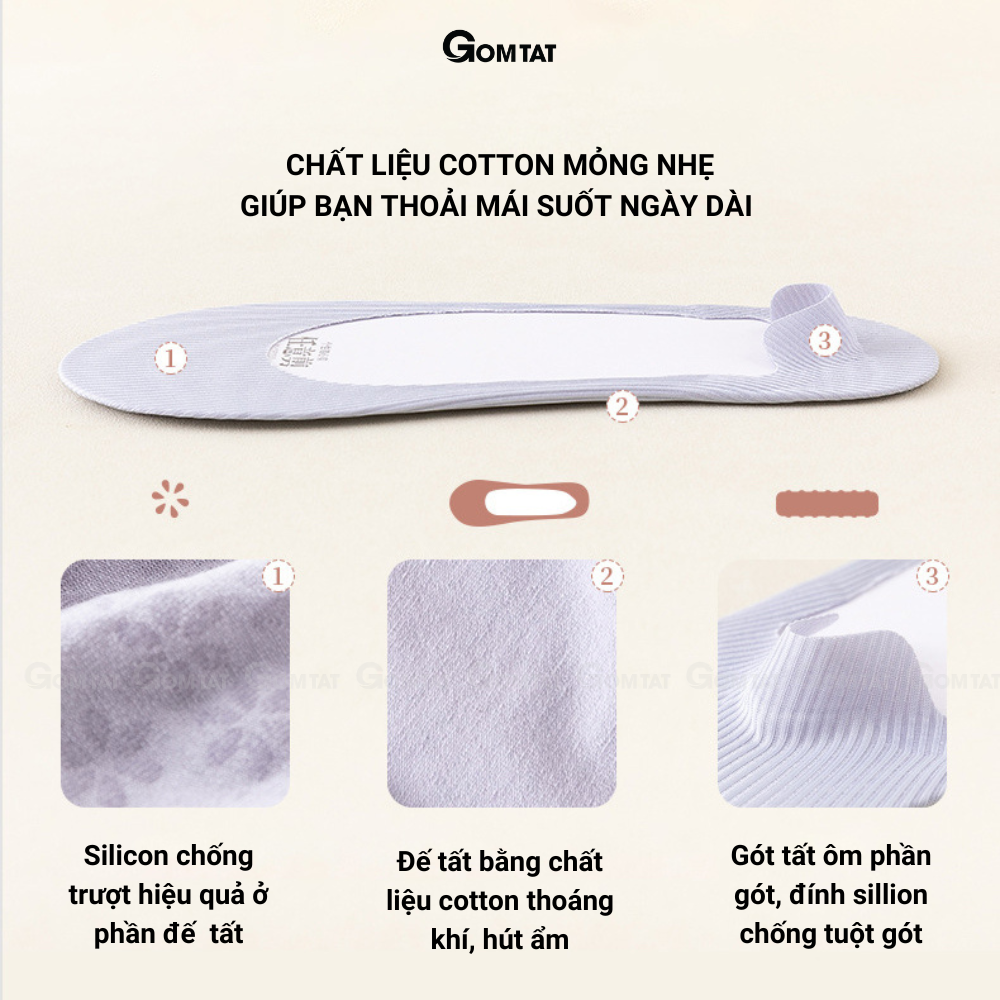 Tất vớ lười nữ GOMTAT chất liệu cotton trơn sọc gân, có đệm cao su chống tuột gót, thoáng khí - BUB-KOL-1302-1DOI