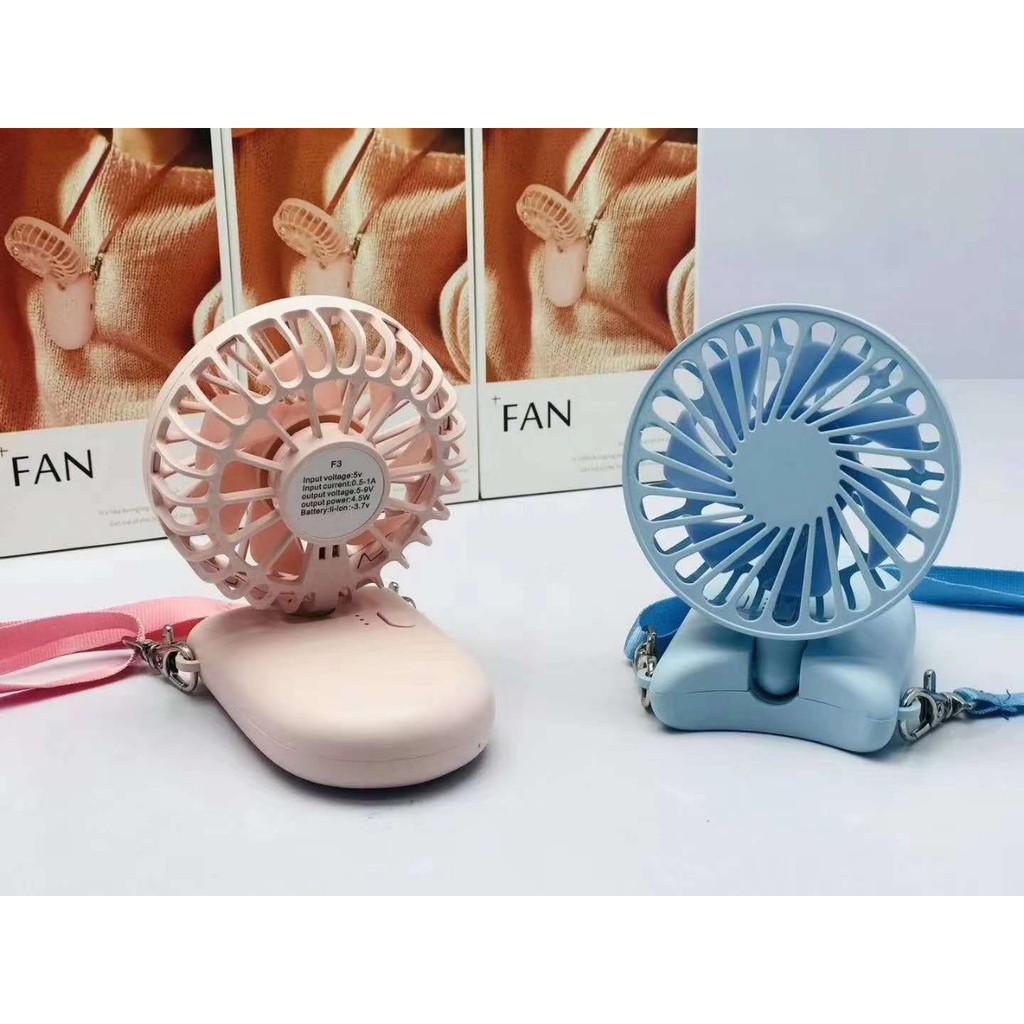 Quạt mini cầm tay, để bàn, đeo cổ 3 cấp độ gió kèm dây đeo phong cách Hàn Quốc