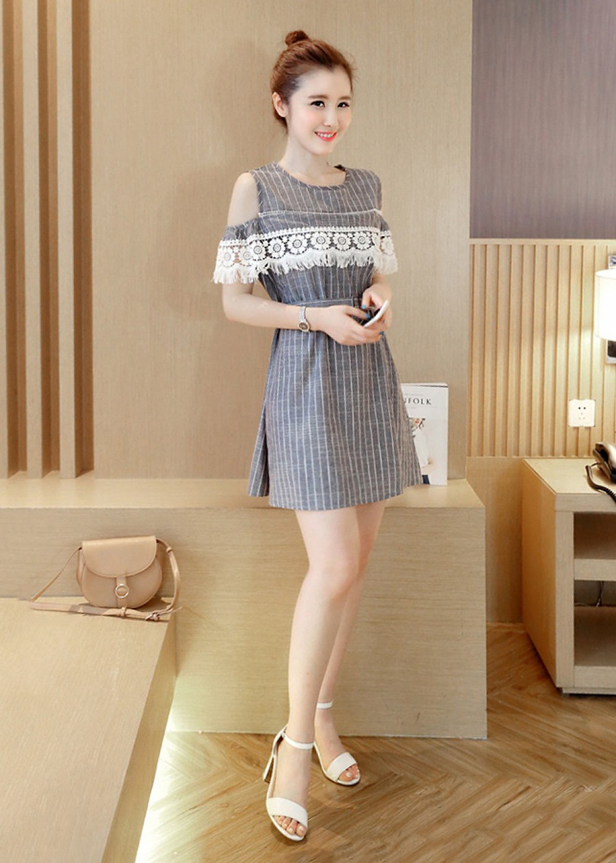 Đầm Nữ Sọc Kẻ Phối Ren NT8044N