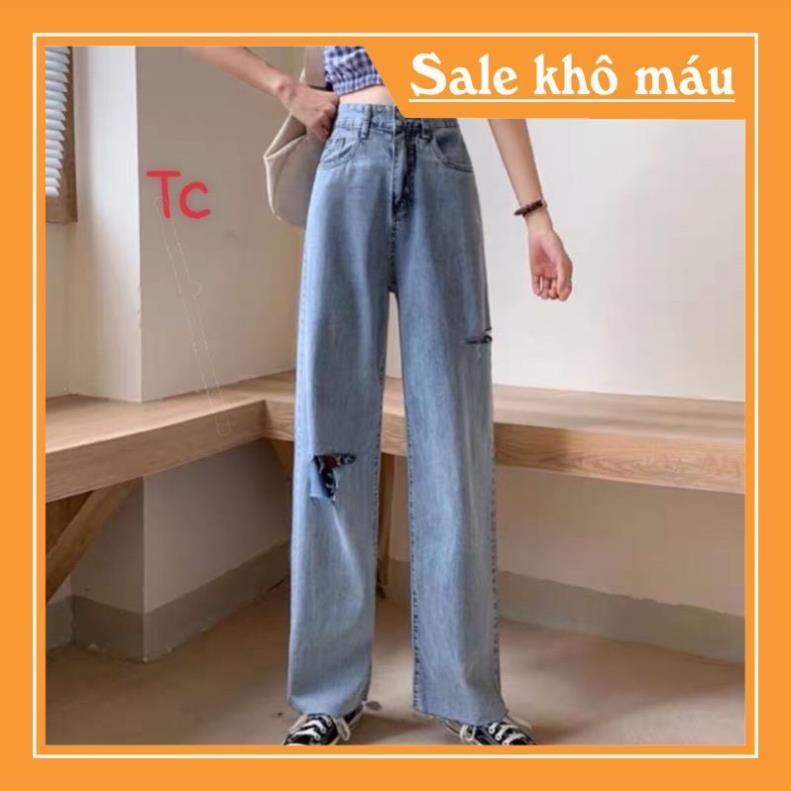 Quần Jeans Bò Nữ Ống Rộng Rách Hông &amp; Gối Sẻ Đôi
