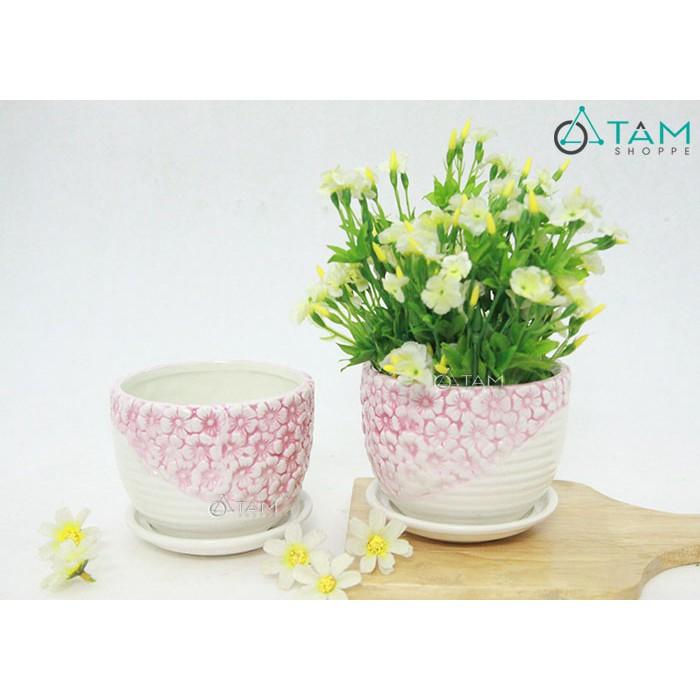 Chậu gốm trồng cây để bàn hoa nổi số 63