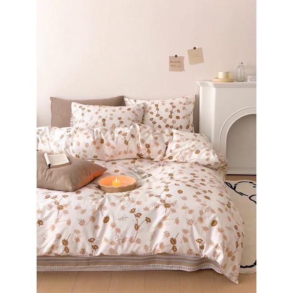 Bộ Chăn Ga Gối Cotton Living 100%cotton Hàng Nhập Khẩu Cao Cấp 4 Món Hoa Nâu