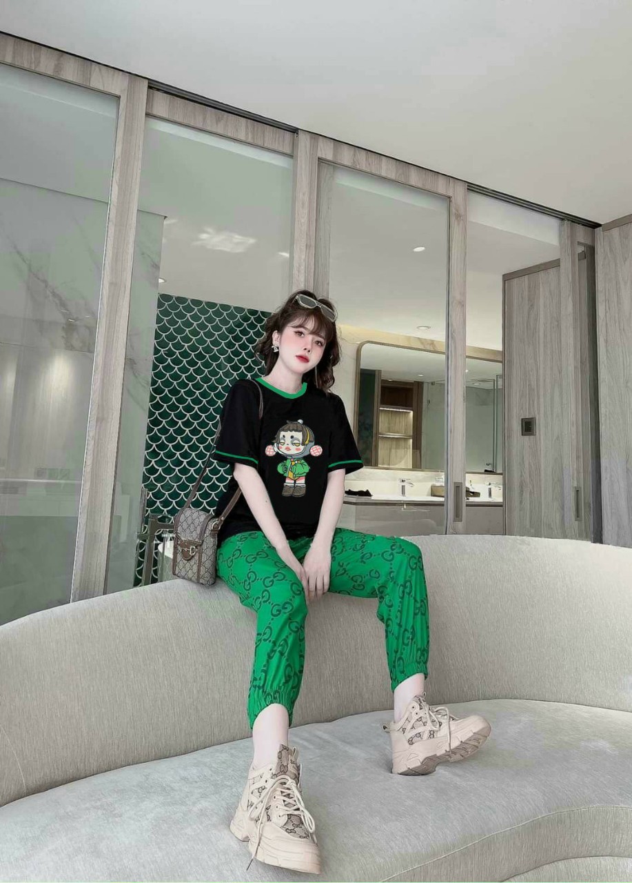 [FREESHIP]Đồ bộ dài form rộng áo thun cotton logo nhập thêu đắp phối quần thun lạnh in 3D xanh lá hiện đại