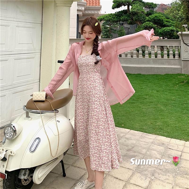 Đầm 2 dây hoa nhí vàng và hồng