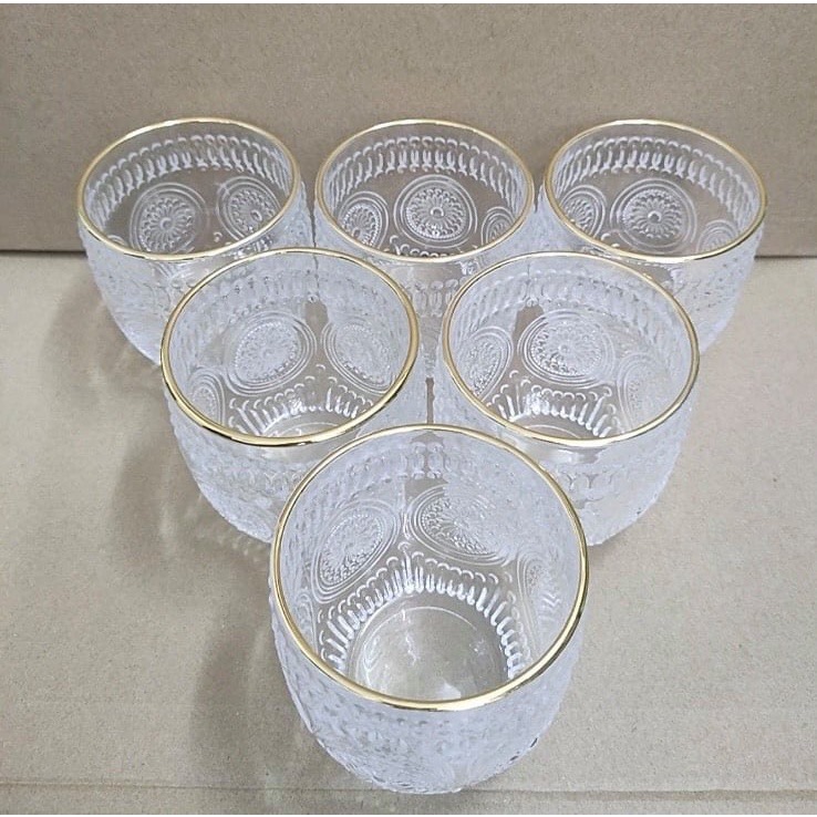 Bộ 6 cốc thủy tinh viền vàng hoa văn trống đồng cao cấp dung tích 265ml