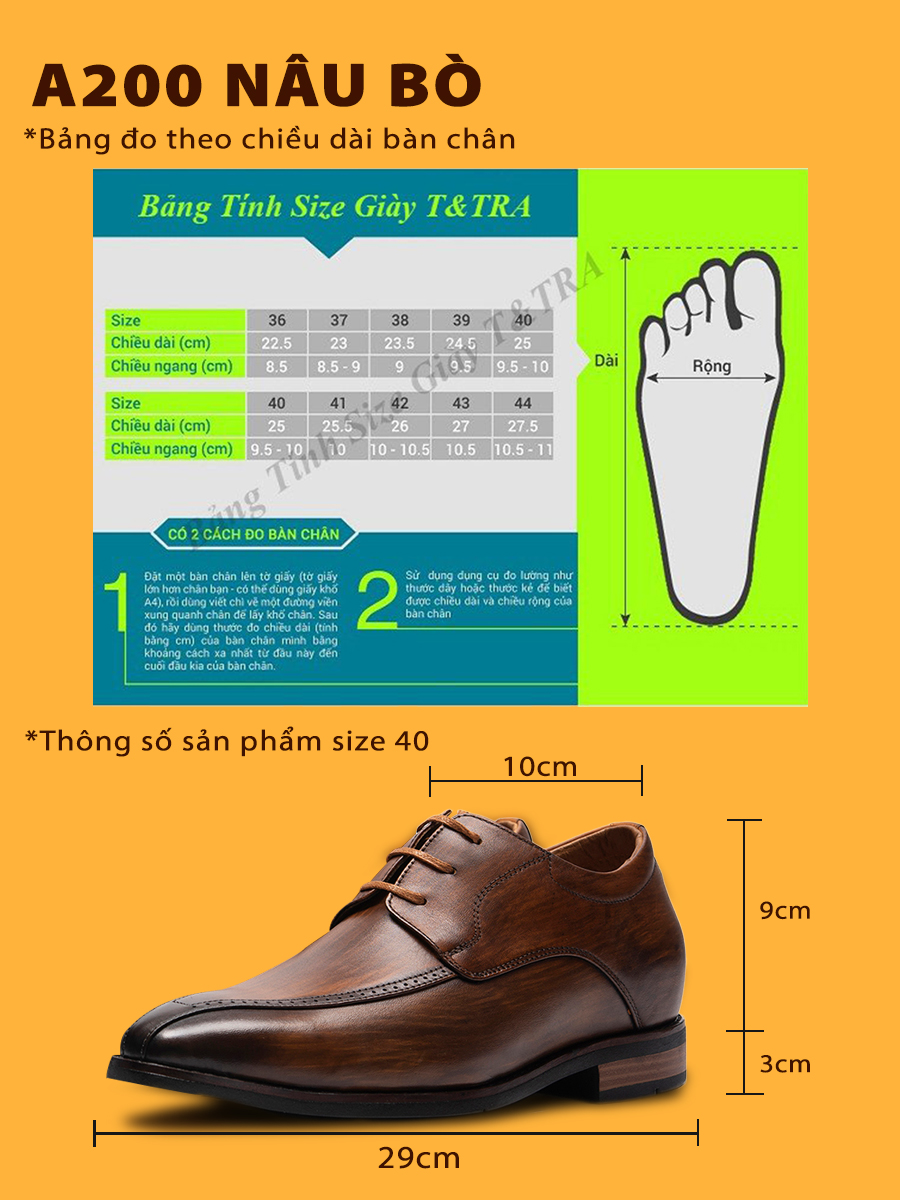 GIÀY TĂNG CHIỀU CAO NAM T200 NÂU BÒ CAO 6CM