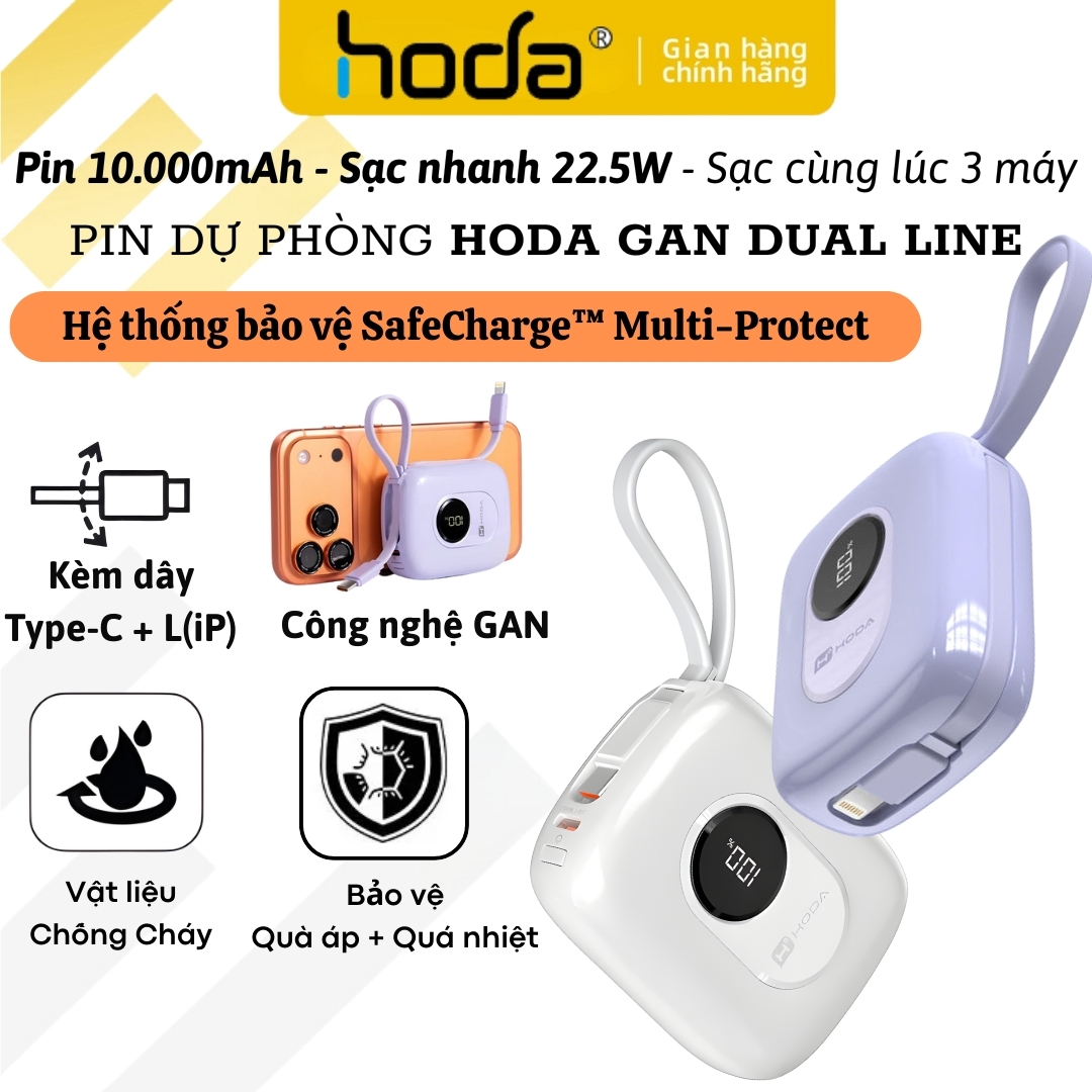 Pin Sạc Dự Phòng HODA SafeCharge Multi-Protect 10.000mAh sạc Nhanh PD 22.5W, Tích Hợp Cáp Type-C &amp; L(iP) Sạc 3 Thiết Bị, 8 lớp bảo vệ an toàn – sạc mát, không hại pin - Hàng nhập khẩu