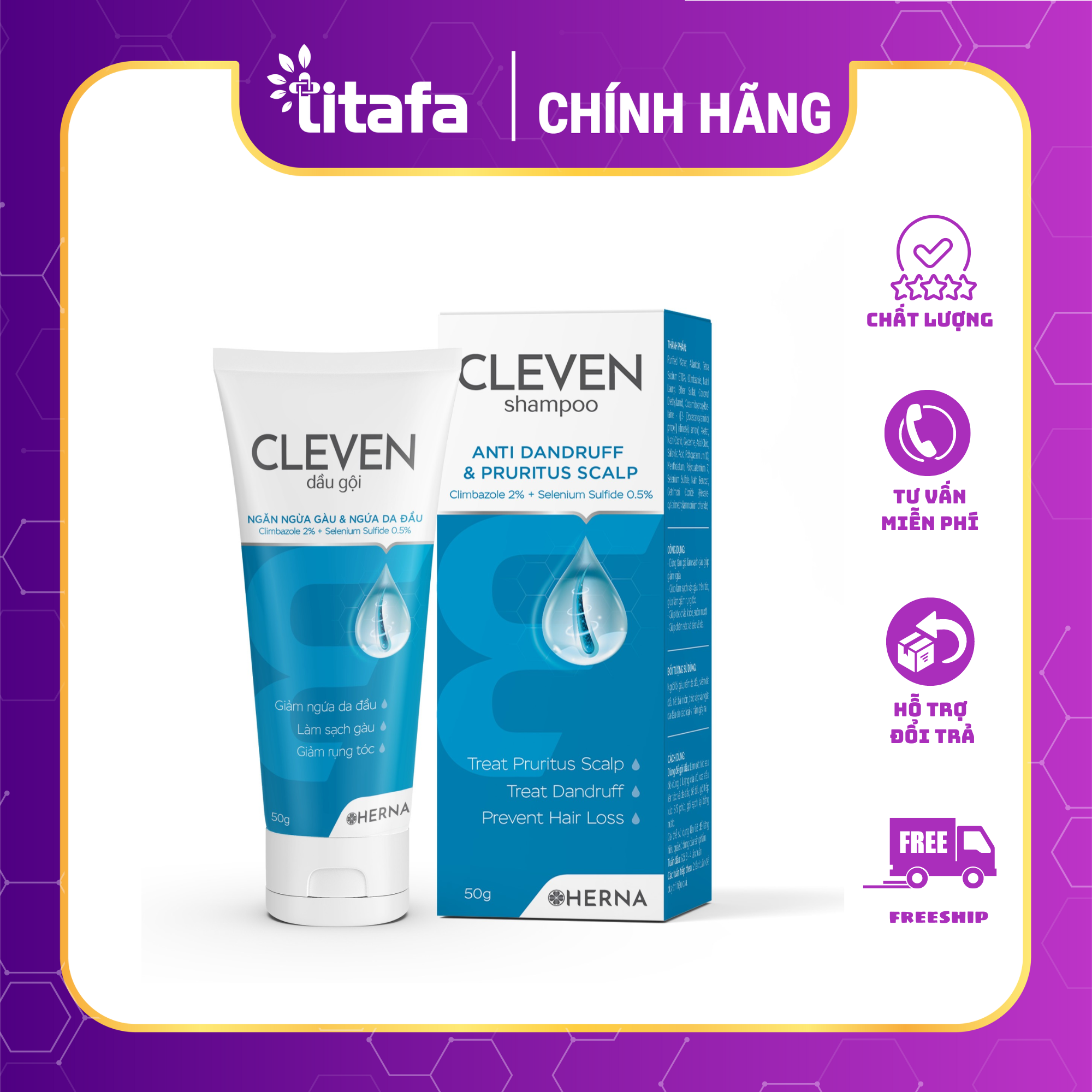 DẦU GỘI CLEVEN NGĂN NGỪA GÀU & NGỨA DA ĐẦU (Chai 50g) – LÀM SẠCH GÀU, GIẢM NGỨA DA ĐẦU VÀ NGĂN NGỪA GÀU TÁI PHÁT