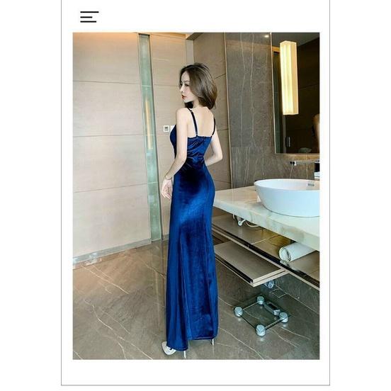 ĐẦM MAXI NHUNG 2 DÂY XẺ TÀ, DỰ TIỆC CÓ KÈM ẢNH THẬT
