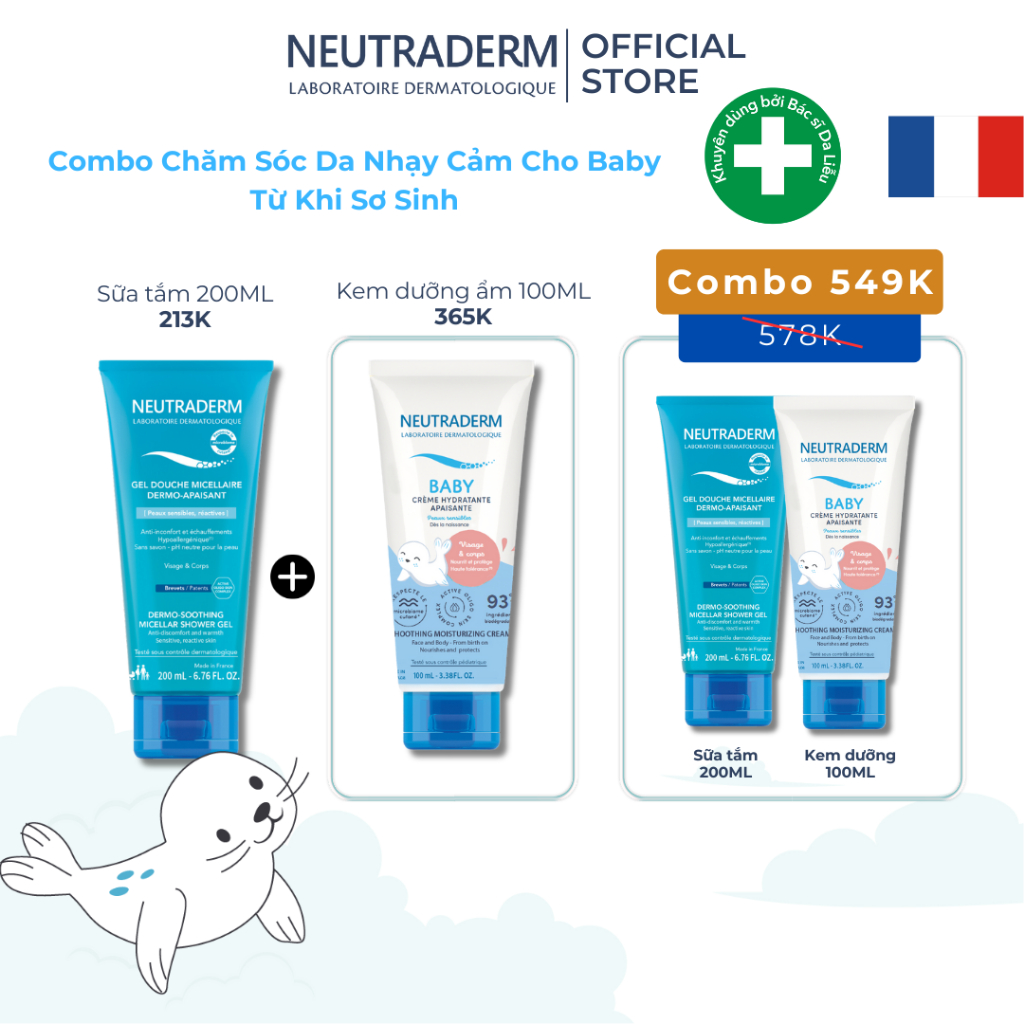 Combo chăm sóc da nhạy cảm dành cho baby từ sơ sinh Neutraderm