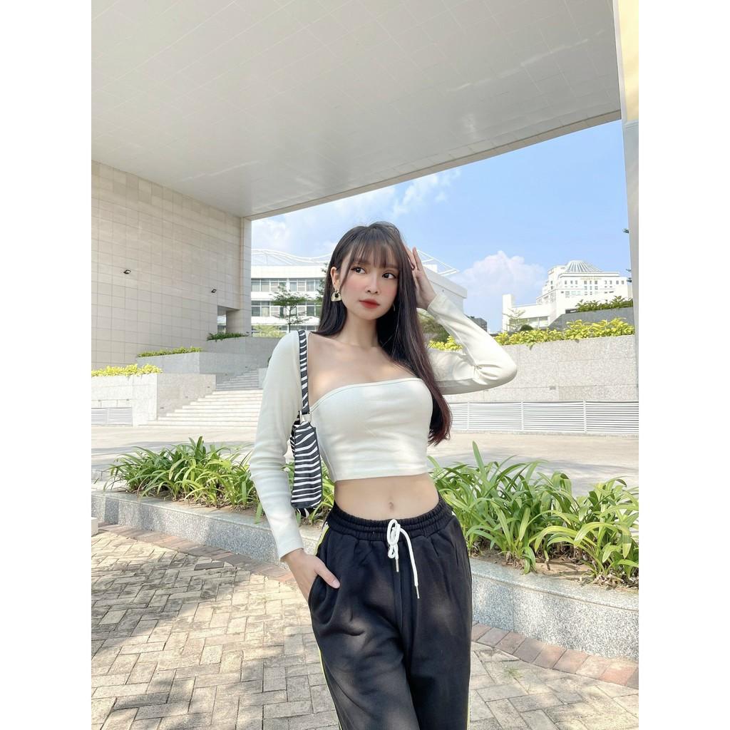 Áo croptop cổ vuông tay dài thun gân mềm mại FREESIZE DƯỚI 55KG