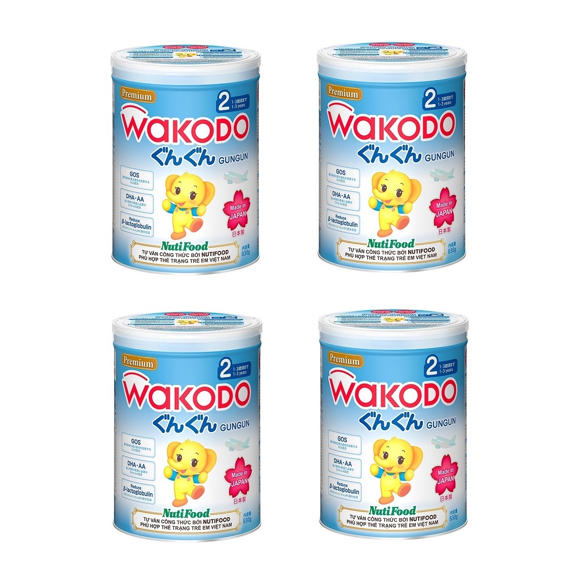 Bộ 4 Lon Sữa Bột Wakodo GunGun Số 2 - 830g