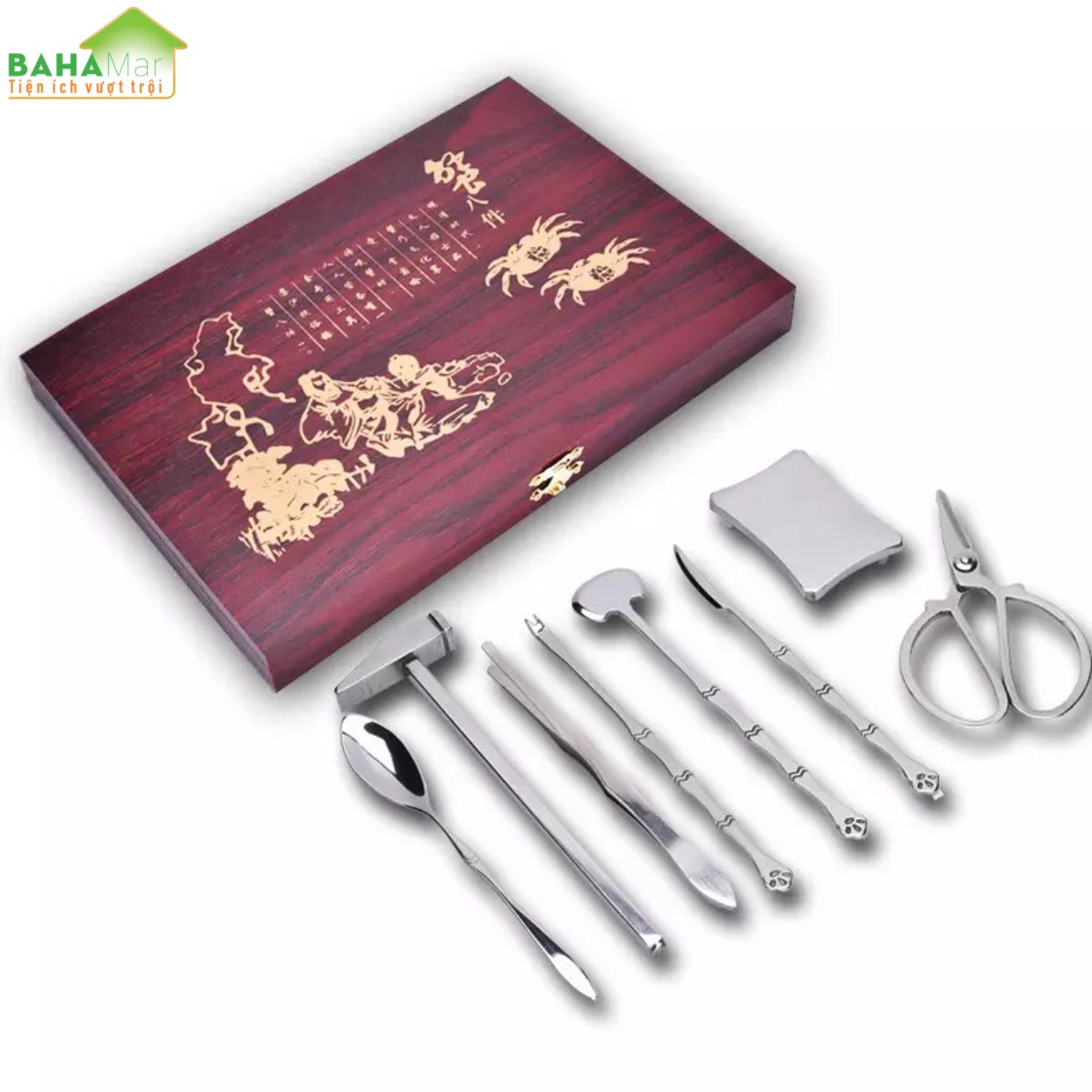 BỘ DỤNG CỤ ĂN CUA GHẸ - HẢI SẢN INOX TIỆN ÍCH CAO CẤP CÓ HỘP GỖ "BAHAMAR" thích hợp cho bất kỳ loại hải sản như tôm hùm, sò, ốc, cua và cũng có thể sử dụng khi ăn quả óc chó, hạnh nhân…