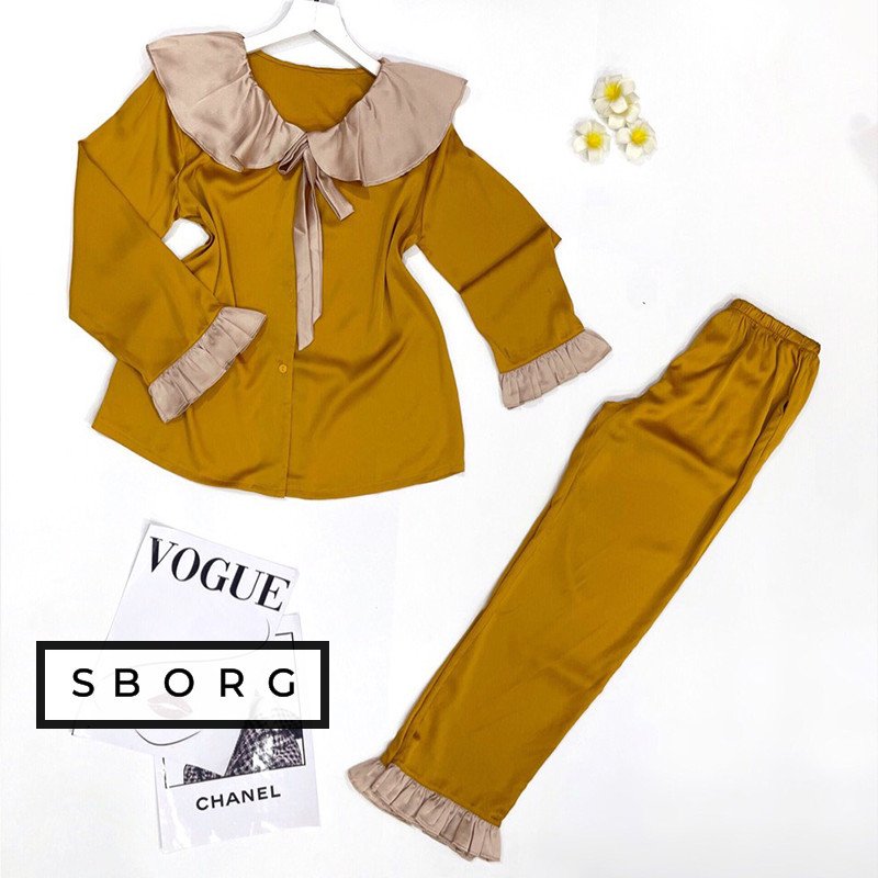 Set đồ bộ cao cấp SBORG kiểu dễ thương mặc nhà chất lụa Latin cao cấp quần dài tay dài viền bèo nơ dễ thương đáng yêu có túi sâu freesize dưới 55kg quà tặng Vợ, thuận tiện khi mặc ngủ, ở nhà hoặc đi ra ngoài