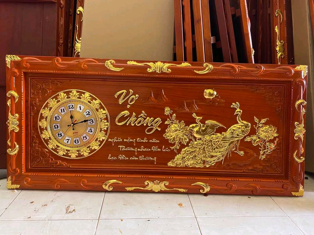 Tranh đồng hồ treo tường trạm khắc phu thê viên mãn kt 48×108×4cm