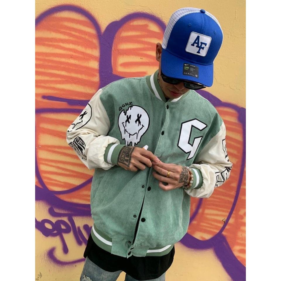 Áo khoác nhung kiểu bomber logo chữ G nam nữ với chất nhung dày dặn và mềm mịn freesize từ