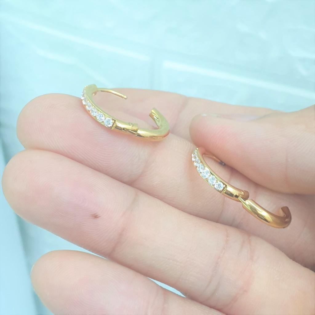 Bông Tai Khoanh Đính Xoàn 4 Chấu Titanium Cao Cấp-Không rơi đá-Dùng lâu dài tắm rửa thoải mái