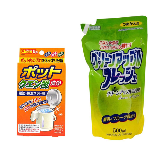 Combo 3 gói khử cặn bình nước + nước rửa chén hương táo loại túi 500 ml Rocket nội địa Nhật Bản
