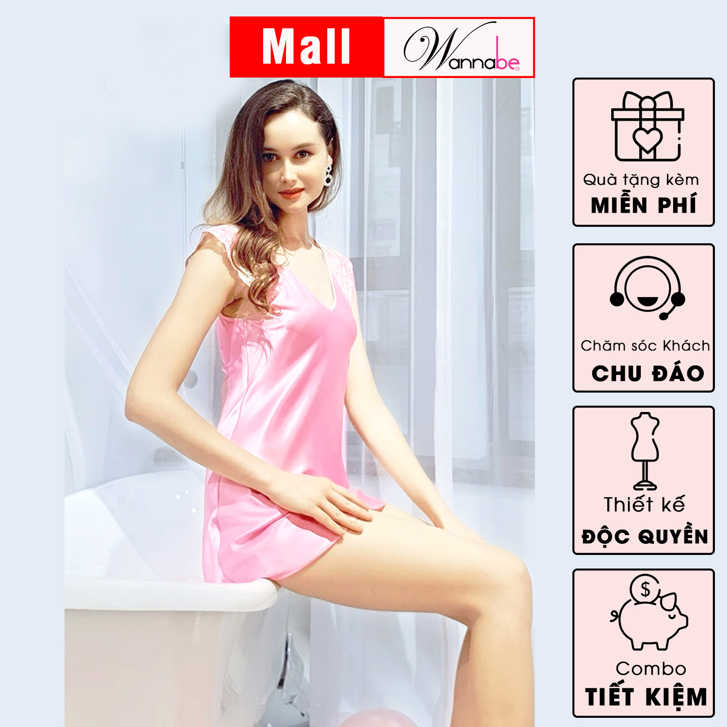 Đầm ngủ phi lụa Wannabe dns06 tay cánh tiên phối ren hoa nhẹ nhàng