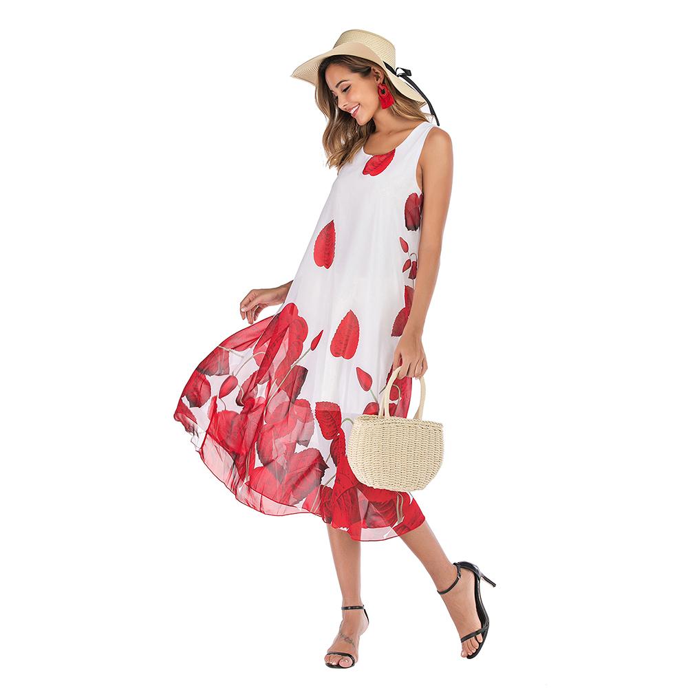 New Women Chiffon Dress O Neck Sleeveless Floral Print Summer Beach Holiday Long Loose Boho Sundress