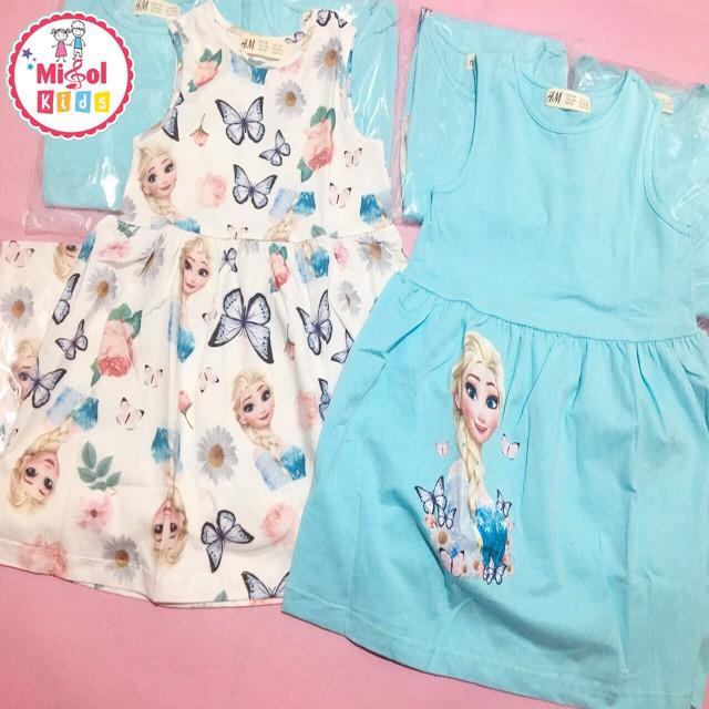 Set 2 Đầm hè bé gái Elsa xanh trắng họa tiết bướm
