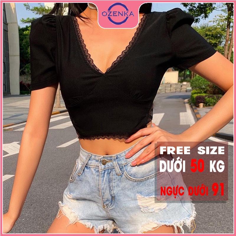 Áo croptop cổ V cộc tay vai bồng phối ren nữ, áo thun nữ ôm body hở lưng gợi cảm buộc dây màu đen dưới 50kg