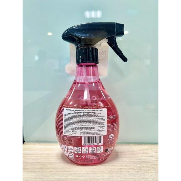 Xịt vải khử mùi &amp; Ngăn ngừa vi khuẩn trên vải Oasis Sweet floral &amp; Pink rose 400ml Hương thơm quyến rũ ngọt ngào