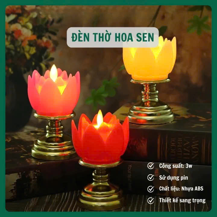 Nến Hoa Sen Điện Tử Liền Đế Cao Cấp | Đèn Hoa Sen Thờ Phật | Ánh Sáng Tự Nhiên Mềm Mại, Trang Nhã
