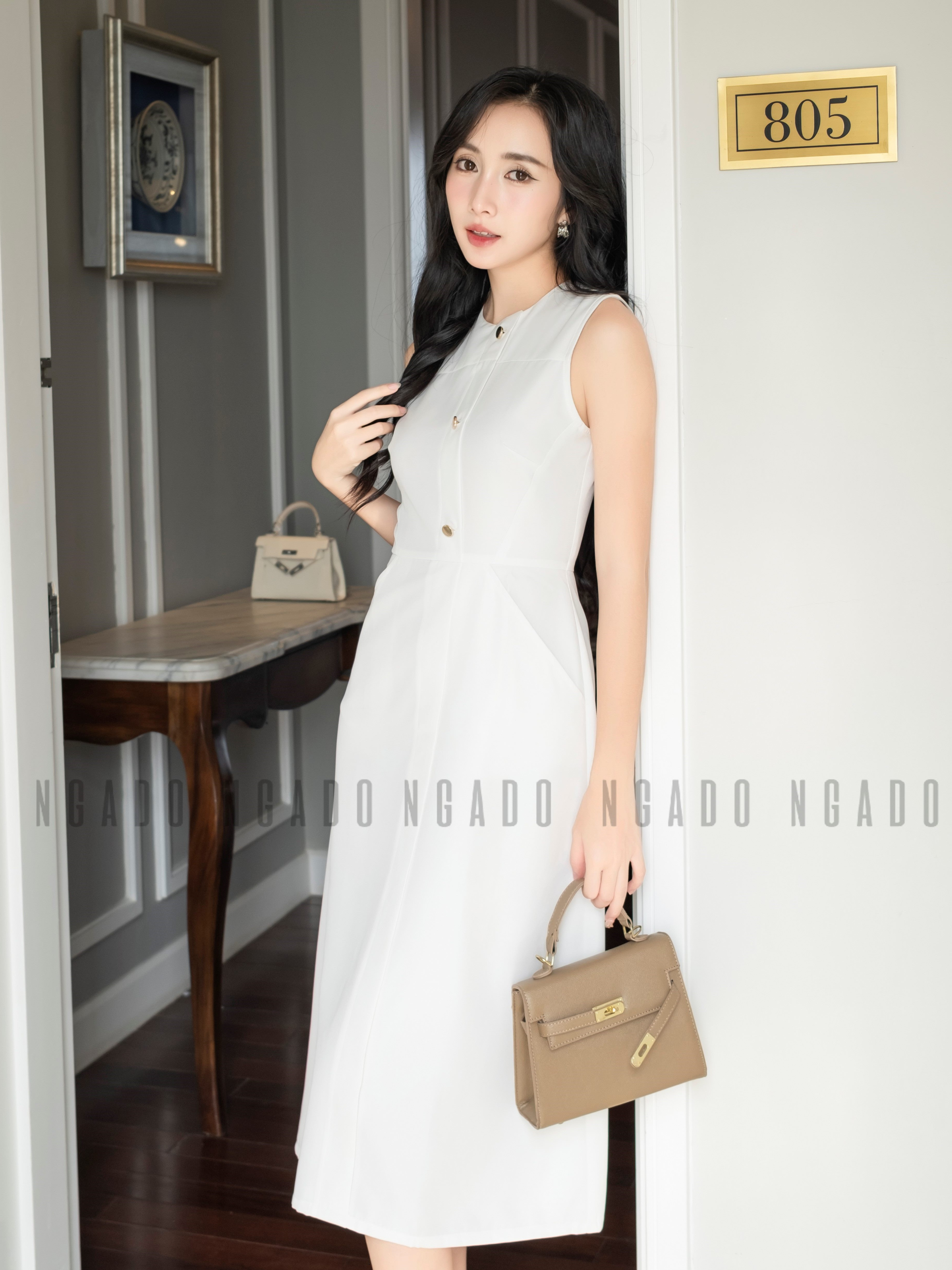 Đầm trắng túi xéo NGADO , đầm nữ , Đầm suông , Đầm dạo phố