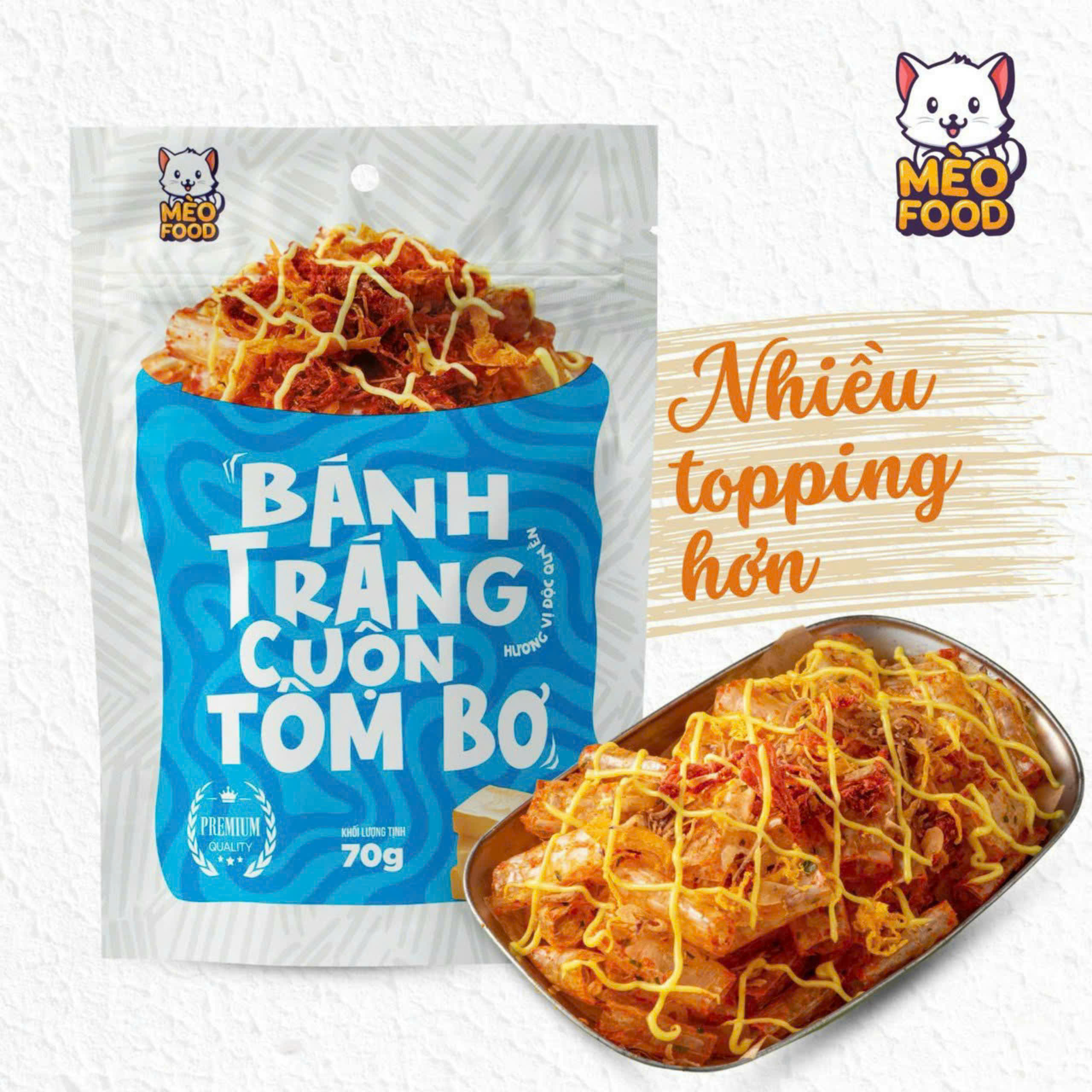 Bánh tráng trộn tỏi bò -Cuộn tôm bơ - Hoàng kim /Mèo food 70G